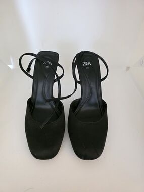 Zara Black Square-Toe Wrap Strap Heels
